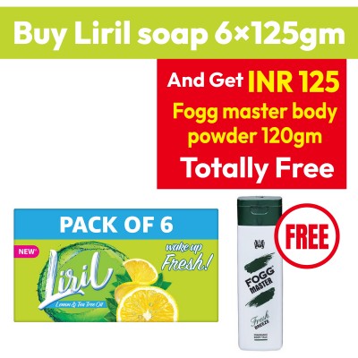 Liril soap 6×125gm + Fogg master body powder 120gm